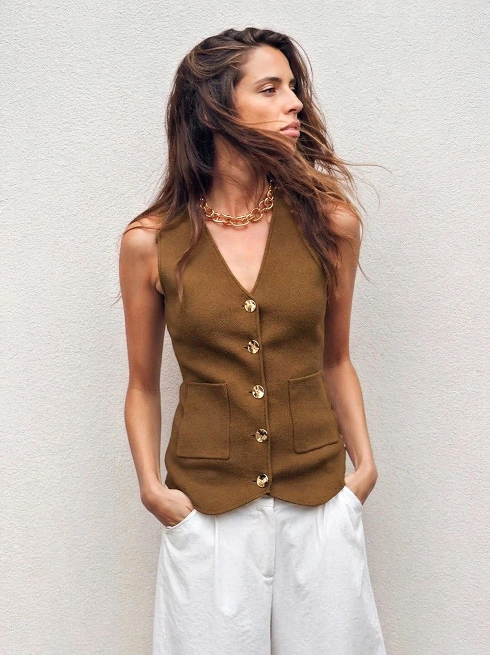 ZARA Knit Waistcoat Top Brown V-Neck Sweater Vest